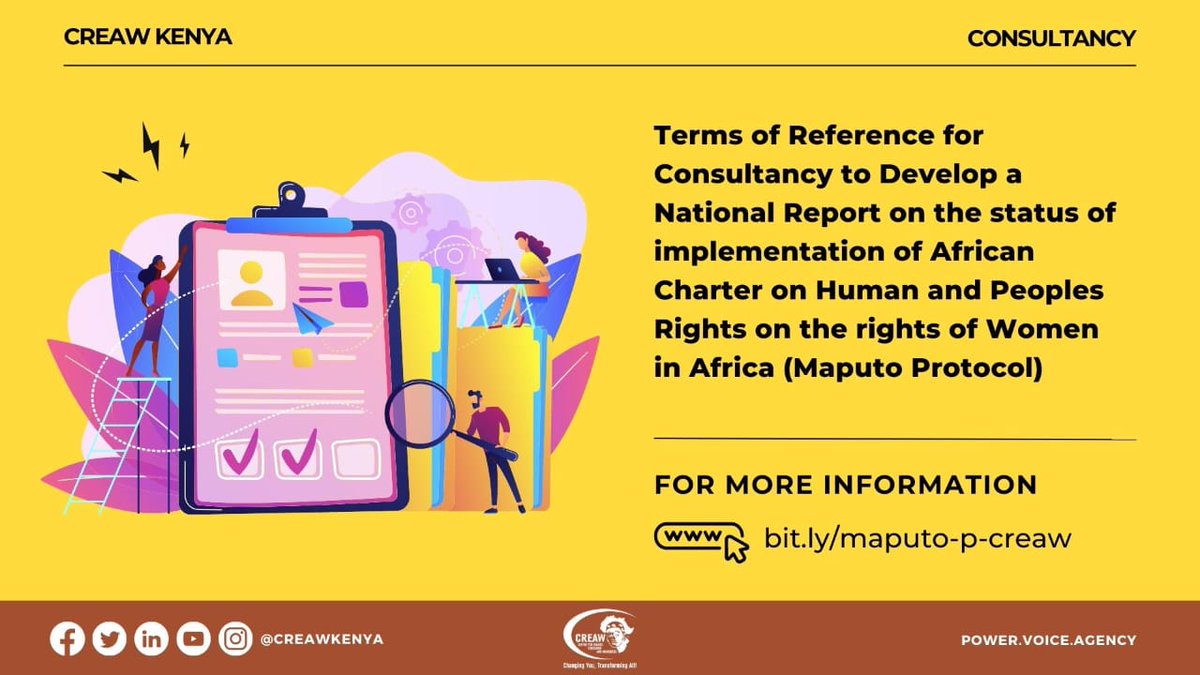 CREAWKenya's tweet photo. 🗣WE ARE HIRING🗣

CREAW wishes to hire the services of a qualified consultant to support with the development of a national status report on the implementation of the Maputo Protocol since its ratification by Kenya.

DEADLINE: 7th June 2023
Apply here  https://t.co/1CQGWdanGI https://t.co/1gQj2Yfgmh