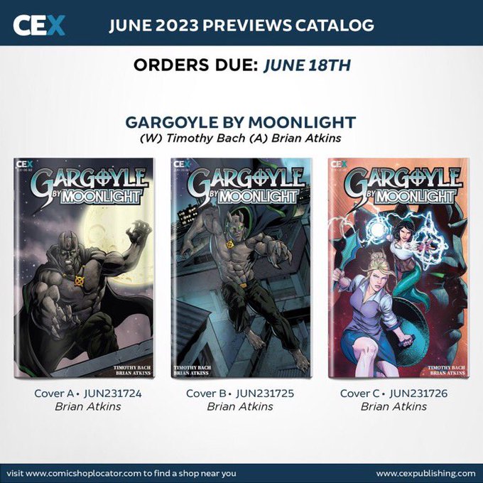 It's #NCBD! Please preorder GARGOYLE BY MOONLIGHT, the monster-punching #urbanfantasy that’s like Hellboy on Yancy Street!

Just show this pic to your #comicshop! 

@CEXPublishing #comicbook #comics #indiecomics  #supportindiecomics #comicmarket #comicretail #newrelease #pulllist