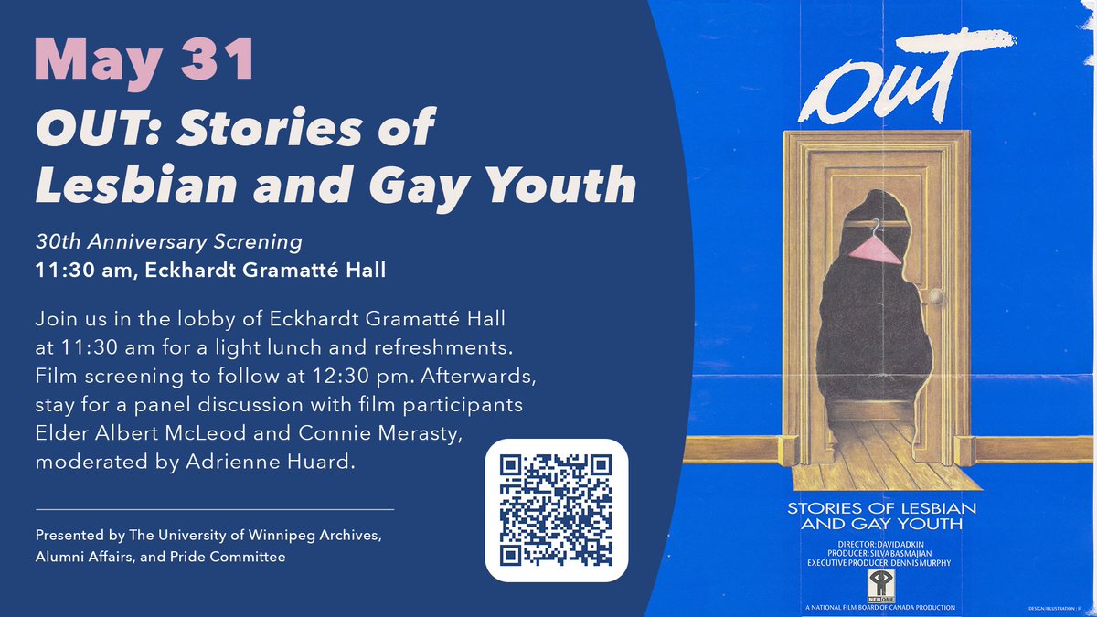 TODAY - 11:30AM
@uwarchives , Alumni Affairs, and Pride Committee present the 30th anniversary screening of 
🎞️OUT: Stories of Lesbian and Gay Youth. 

🎙️Panel discussion with film participants Elder Albert McLeod and Connie Merasty to follow!

Register | uwinnipeg.ca/pride/alumni-r…