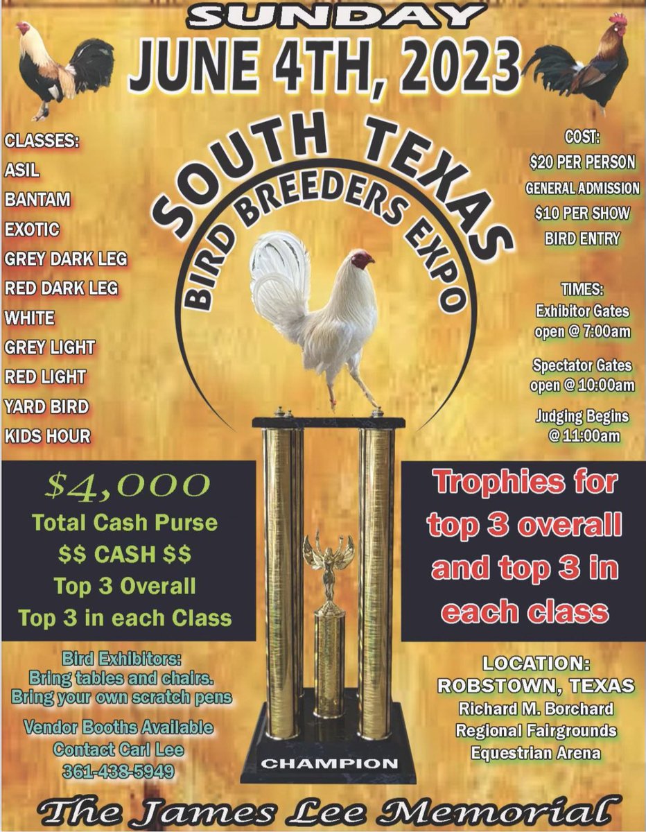 RMBRFairgrounds's tweet image. Attention Bird Breeders‼️ Join in at the South Texas Bird Breeders Expo this Sunday! 🐓

Come showcase your poultry class and win awards and cash prizes against the best out there! 

📍RMB  Fairgrounds Equestrian Arena 
🗓Sunday, June 4th

#rmbfairgrounds #birdexpo #coastalbend