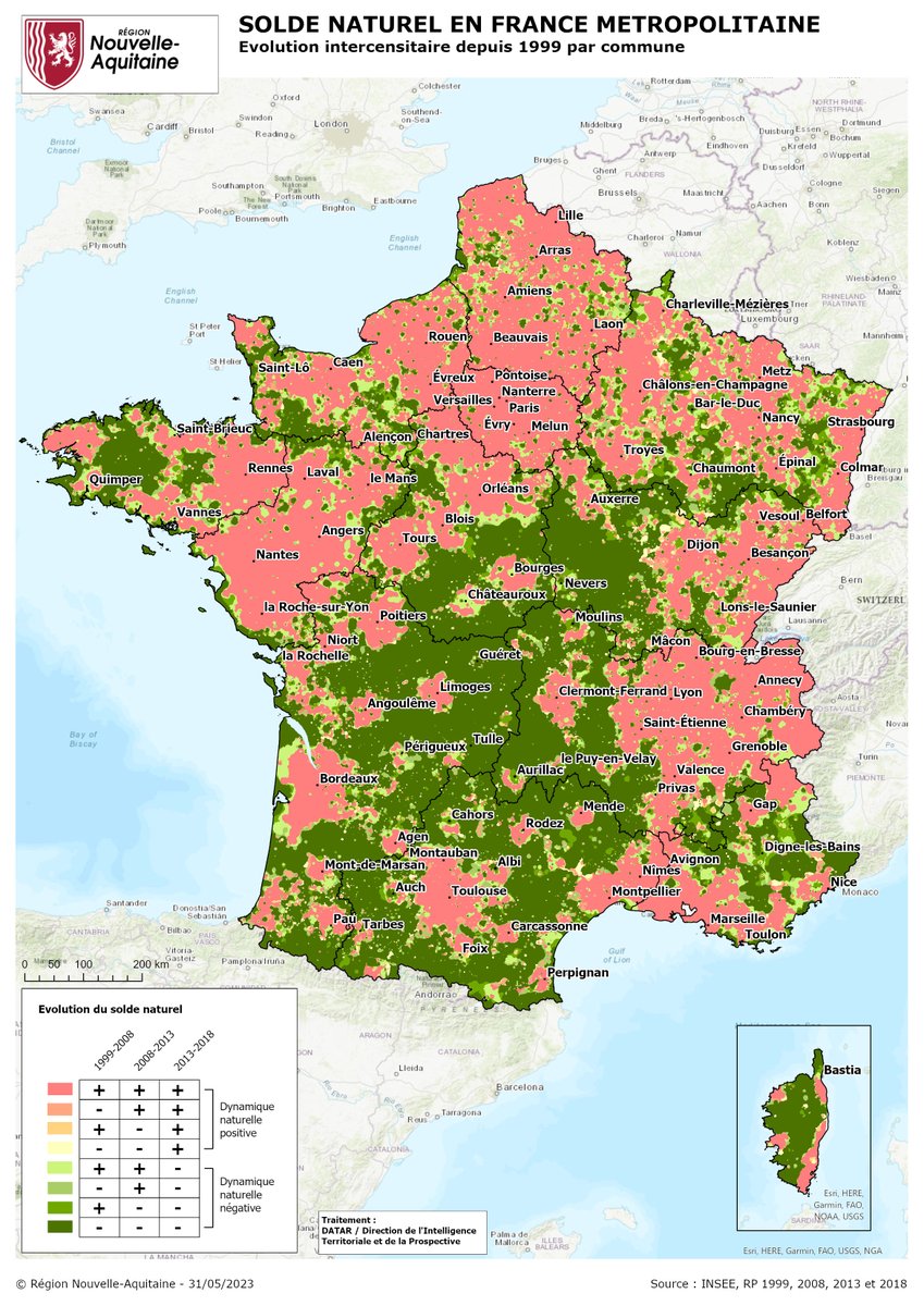 Voici la carte du mois #5 ! Elle se concentre sur l’évolution des soldes naturels, à l’échelle des communes, sur une dizaine d’années, en exploitant des données des recensements 1999, 2008, 2013 et 2018. 🧶1/5