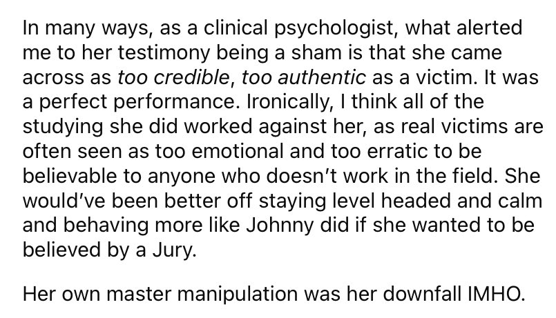 That is not the checkmate that you think because:

1. Most DV, IPV, SA, and trauma experts and orgs  believe Amber Heard. You're either no expert or an odd outlier.

2. Trauma experts, even some supporting Depp, could see PTSD signs in Amber's testimony. None saw it in Depp. 1/2