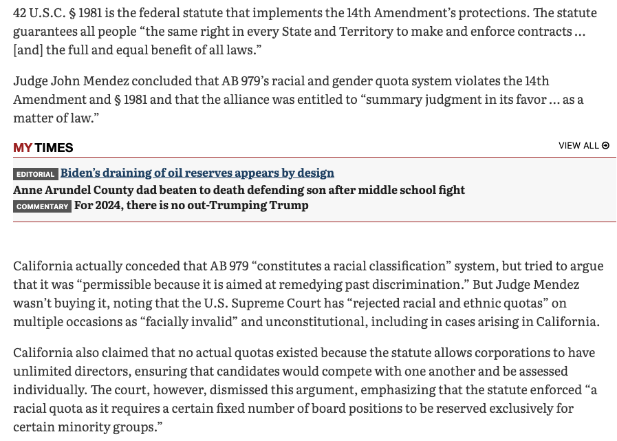 RichardHanania's tweet photo. California law threatened to fine corporations up to $300,000 if they didn't have minorities or LGBT on their boards.

A federal judge doesn't even need a trial to know it's illegal. He throws out the law by granting a summary judgment for the plaintiffs. https://t.co/smRyFJe0wZ https://t.co/WUxvAe5qCy