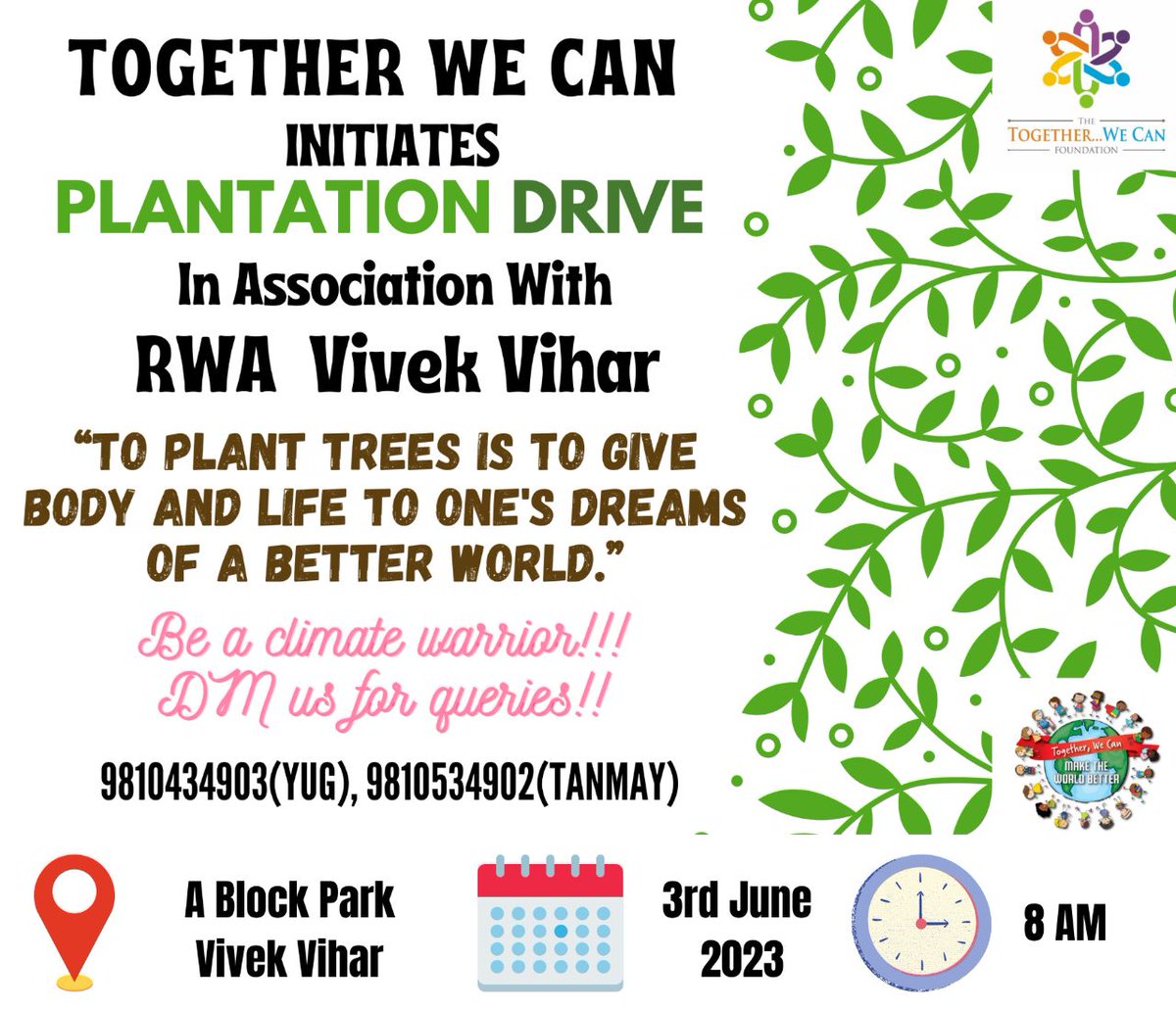 On the Occasion of World Environment Day, Together We Can Youth Foundation organises a plantation drive. 
"🌱 Join us in the green movement to restore and rejuvenate our environment. Let's come together to plant trees, nurture nature, and create a sustainable future for all. 🌿🌍