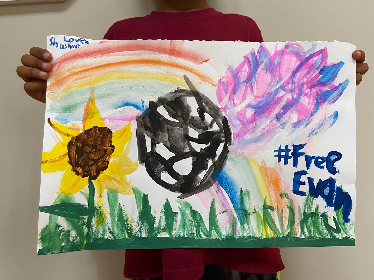 My colleague @shalini's 5-year-old son made this painting for @evangershkovich who has been wrongfully detained in Russia for nine weeks. Shalini says her son “loves soccer and he wanted to paint something with a soccer ball for Evan, since he loves the game too.' #IStandwithEvan