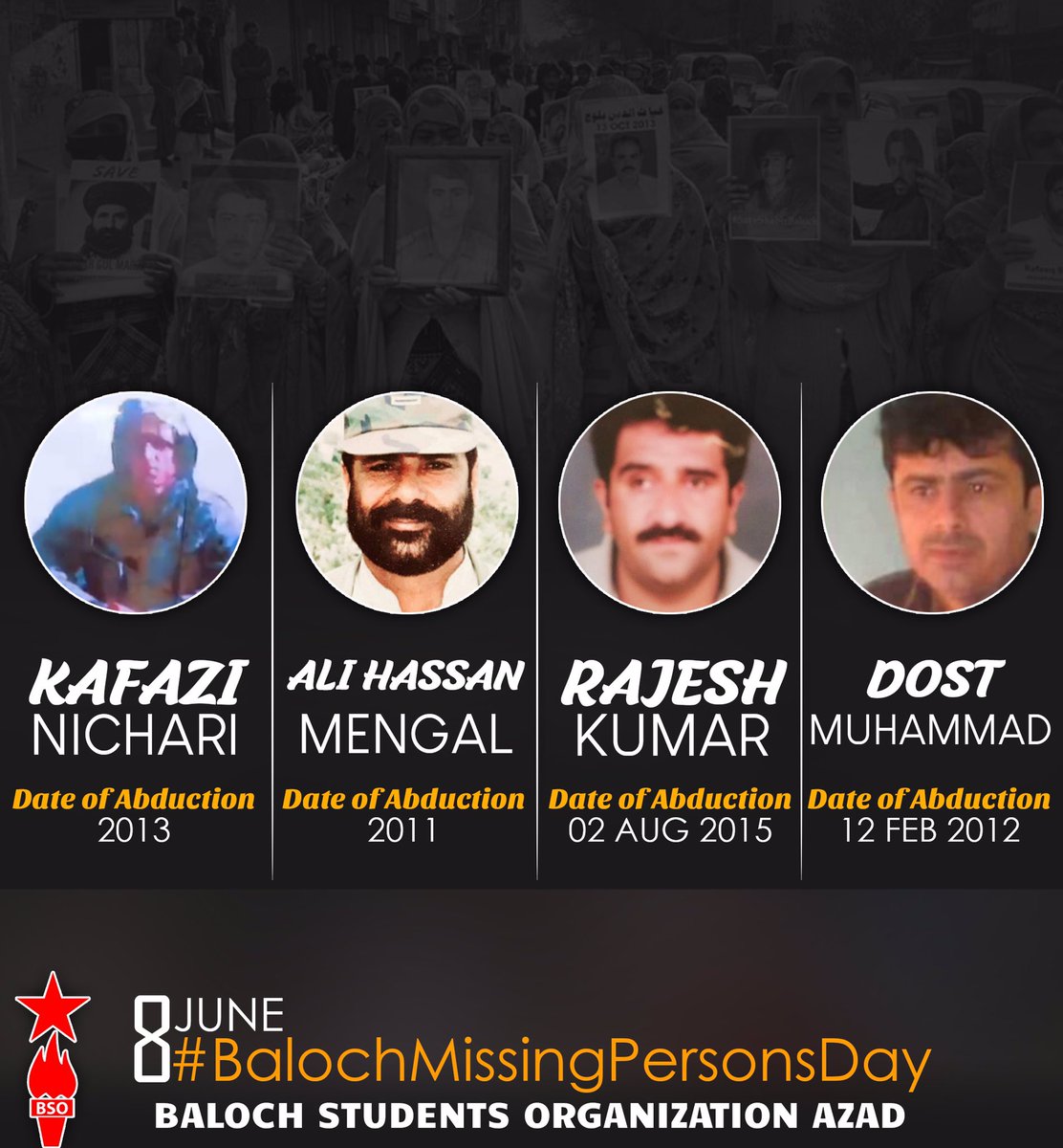 BSO__AZAD's tweet photo. Fundamental Human Rights of Baloch civilians are being violated on a daily routine by the rough army and secret agencies.
Human rights bodies must play an essential role in preventing Pakistani state Terrorism in Balochistan.
8 June 
#BalochMissingPersonsDay https://t.co/4VtpMNCZ34