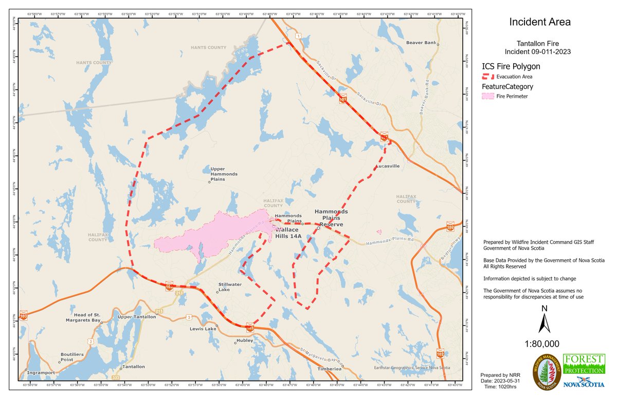 Here is the latest map (accurate at 10:20 a.m. on May 31) of the wildfire in the Tantallon area. The active fire area is shaded in pink, and the evacuation perimeter is the dotted red line.