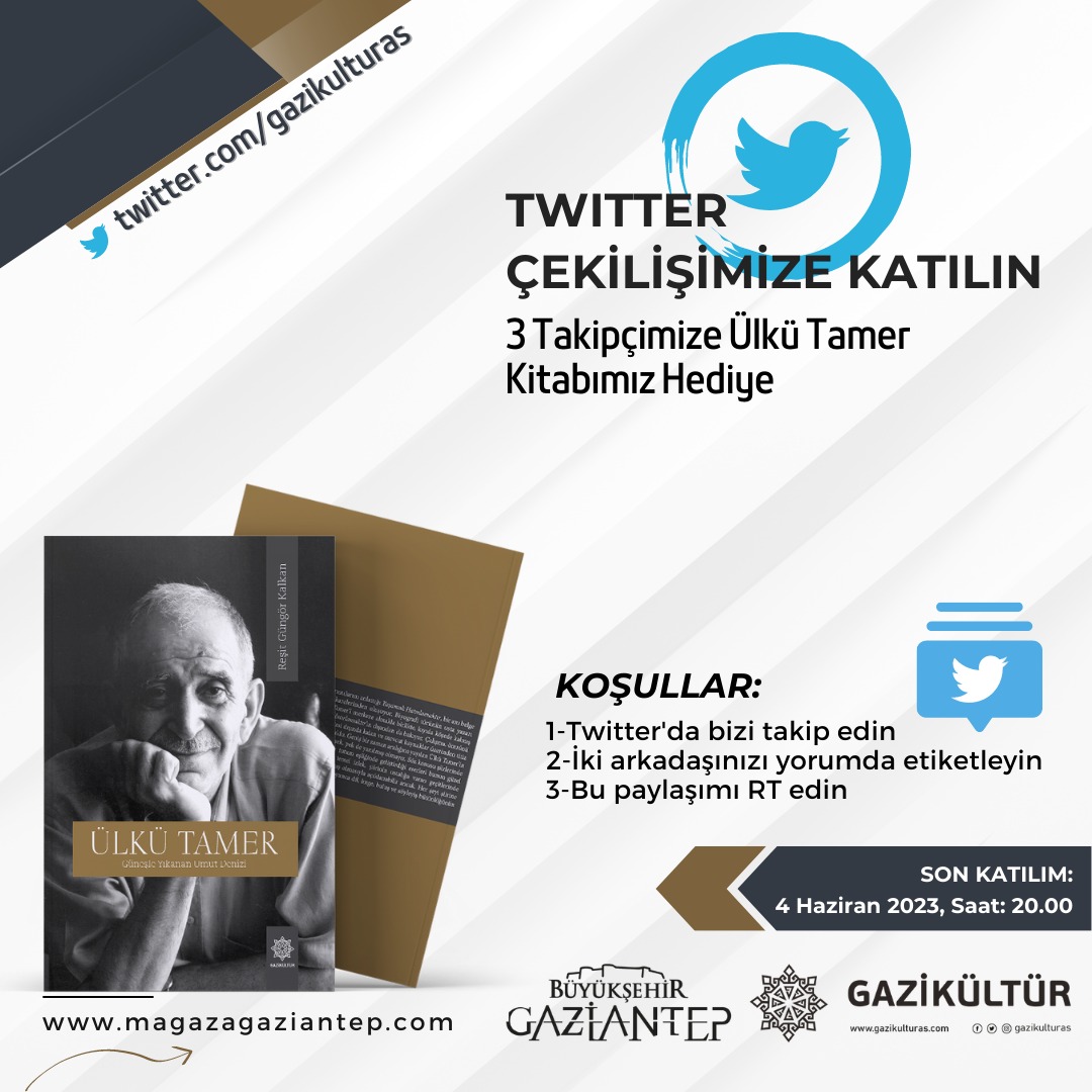 Twitter'da @gazikulturas hesabımızı takip eden üç takipçimize Ülkü Tamer - Güneşle Yıkanan Umut Denizi kitabımız hediye. 

Yapmanız gereken tek şey bizi takip yapmak, iki arkadaşınızı yorumda etiketlemek ve bu paylaşımı RT etmek. 

🗓️ Son gün 4 Haziran Pazar, ⏰ 20.00