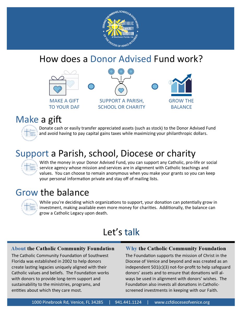 Curious about how a Donor Advised Fund Works?

#daf #donoradvisedfund #giving #maximizegiving #catholic #catholicfaith #catholiclife #philanthropy #CCF #catholiccommunityfoundation #swfl #fl #venicefl