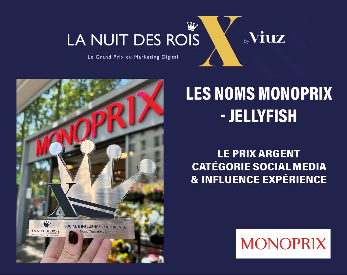 Notre campagne #TikTok 'Les Noms Monoprix' avec @jellyfishglobal, a été primée lors de la #LaNuitdesRois. Nous sommes fiers d’avoir reçu le prix argent dans la catégorie #SocialMedia & #Influence Expérience. 🏆 Un grand bravo aux équipes Social Media pour cette récompense 👏