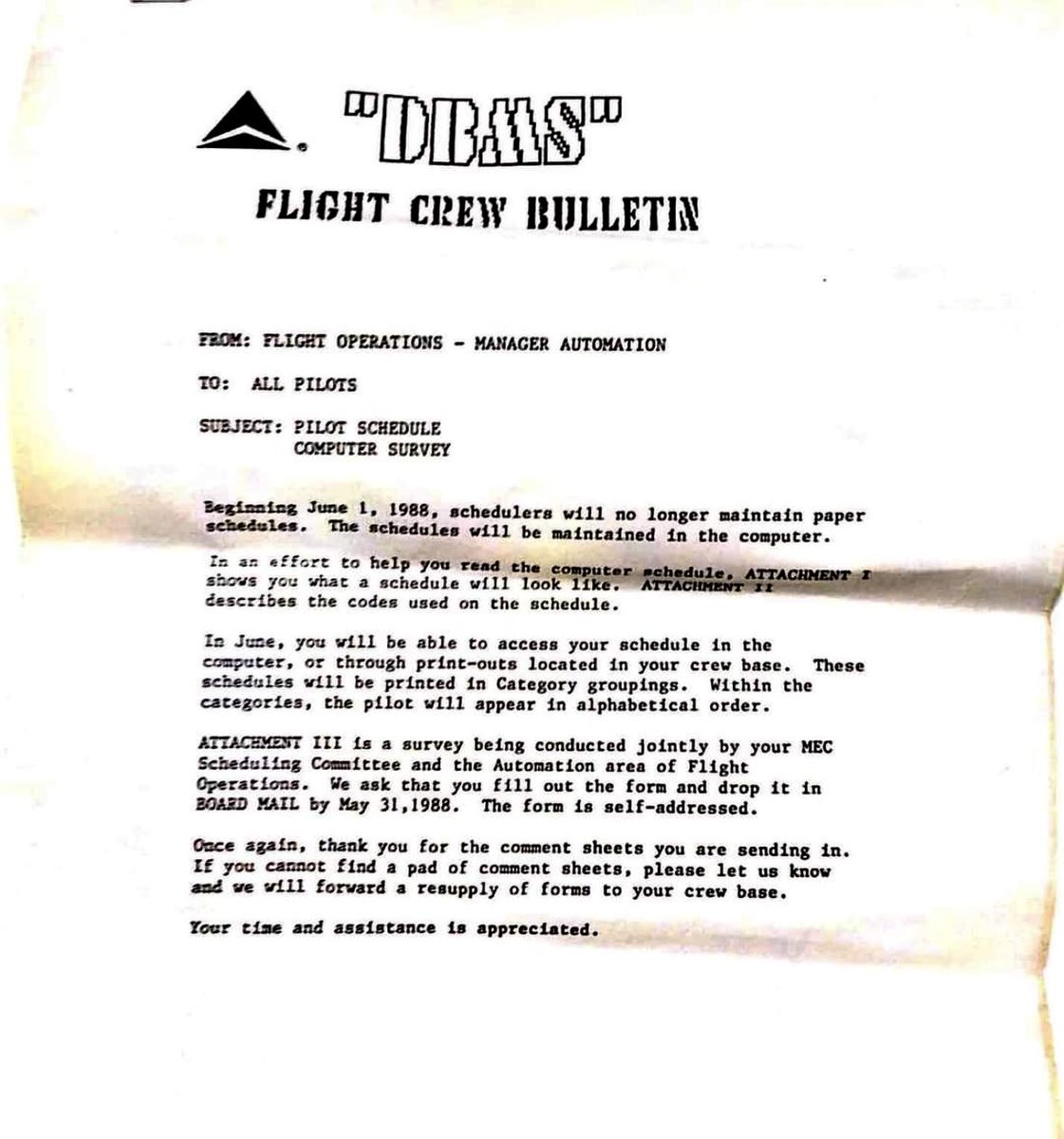 xJonNYC's tweet image. DL: June 1st marks 35 years since Delta’s pilot scheduling software was implemented. My understanding is that basically this is still in use, hasn’t been replaced