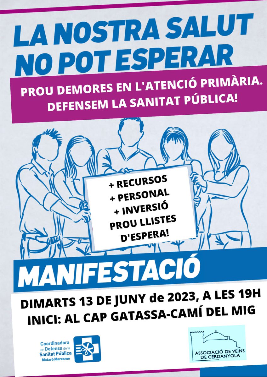 AVdeCerdanyola's tweet photo. Mentre els pactes electorals centren el debat als mitjans de comunicació, el veïnat, el teixit associatiu i les treballadores dels CAPs seguim lluitant en defensa de la sanitat pública als nostres barris.

Us convoquem el dimarts 13 de juny davant del CAP Gatassa/Camí del Mig

⬇️ https://t.co/PubCknaBK8