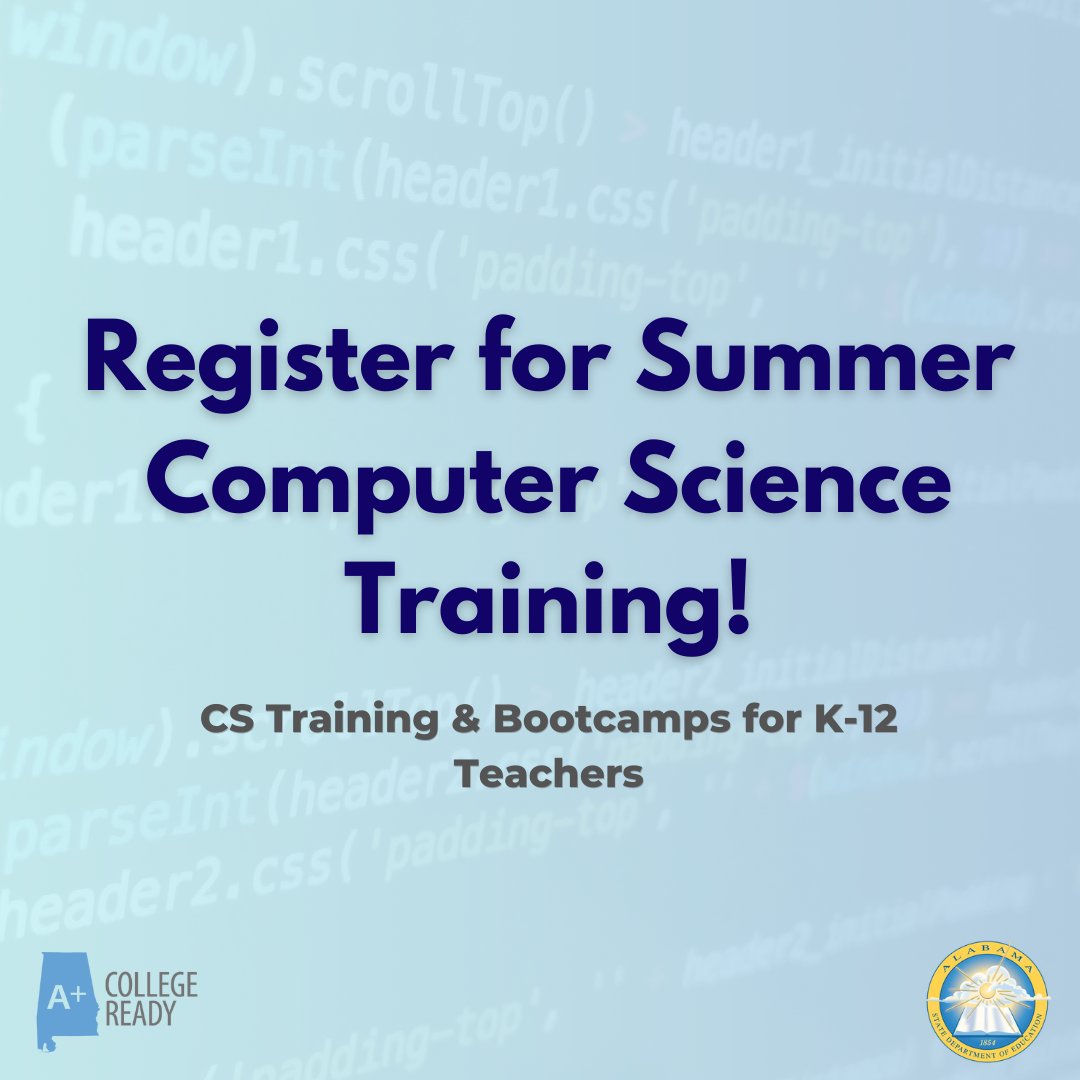 AplusCR's tweet image. We are providing FREE Computer Science training to AL teachers in partnership with ALSDE! Educators can explore a variety of courses, trainings, and bootcamps for grades K-12. Trainings begin June 27! Check the course calendar and register here: ow.ly/BUVc50OA6sr