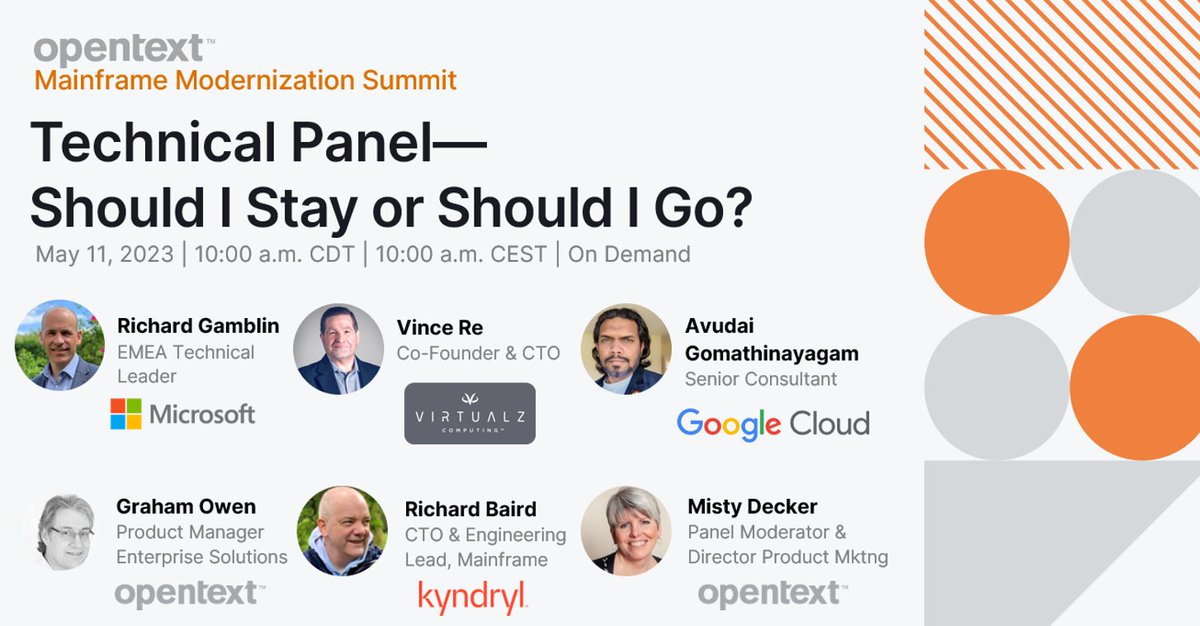 KetoandKris's tweet image. This panel at the #OpenText Mainframe Modernization Summit will discuss what you should consider when deciding between modernizing in place, hybrid, or moving applications to cloud. Attend live or watch on demand: #MainframeMod23 #MyCompany bit.ly/42fpCvZ