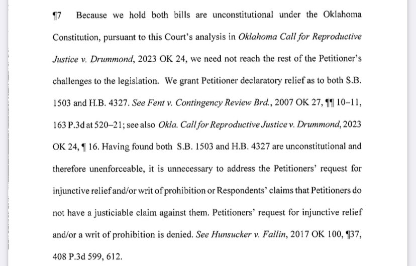 paytonmaytv's tweet photo. 🧵Update on abortion legislation:

The OK Supreme Court finds SB1503 and HB4327 unconstitutional. https://t.co/8Pq4hKIGC6