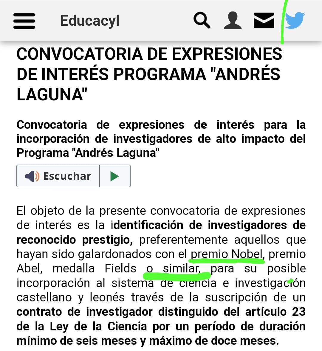 YolandaAVA's tweet photo. 📣👁️If you are a world top class scientist, preferably #Nobel Awardee,  interested in a 6 to 12 months contract in some University of #CastillayLeón, please let @educacyl know. Highly competitive call, no suitable for mediocre researchers.
#ScienceIsAwesome in #Spain💃🥘☀️ https://t.co/dqrXVnMlOA