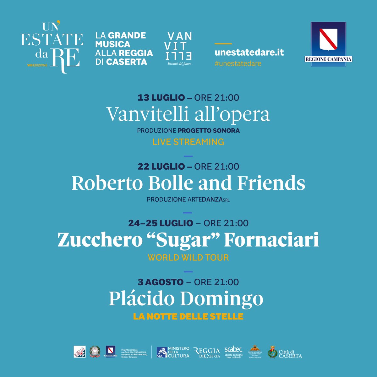 Vi sveliamo finalmente il programma dell’ottava edizione di #unestatedare alla <a href="/reggiadicaserta/">Reggia di Caserta</a>!

Biglietti in vendita dalle ore 12:00 di giovedì 8 giugno su unestatedare.it