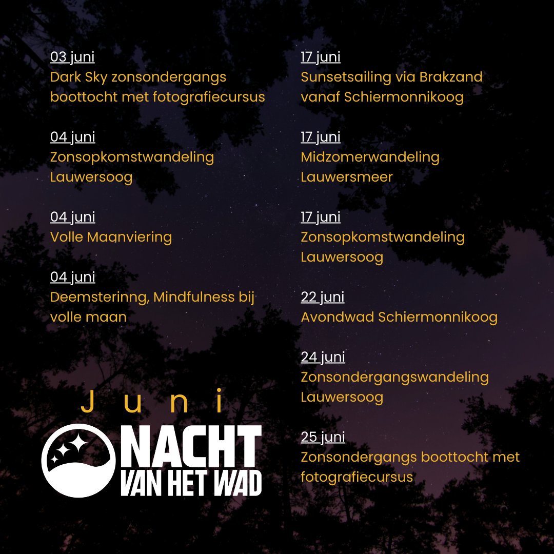 🌙Nacht van het Wad in Juni⭐
Trek deze maand het nachtelijke Wad op. Sunsetsailing vanaf Schiermonnikoog, mindfulwandelen bij volle maan of wadlopen bij zonsopkomst: bekijk en boek jouw Nacht van het Wad op nachtvanhetwad.nl/activiteiten