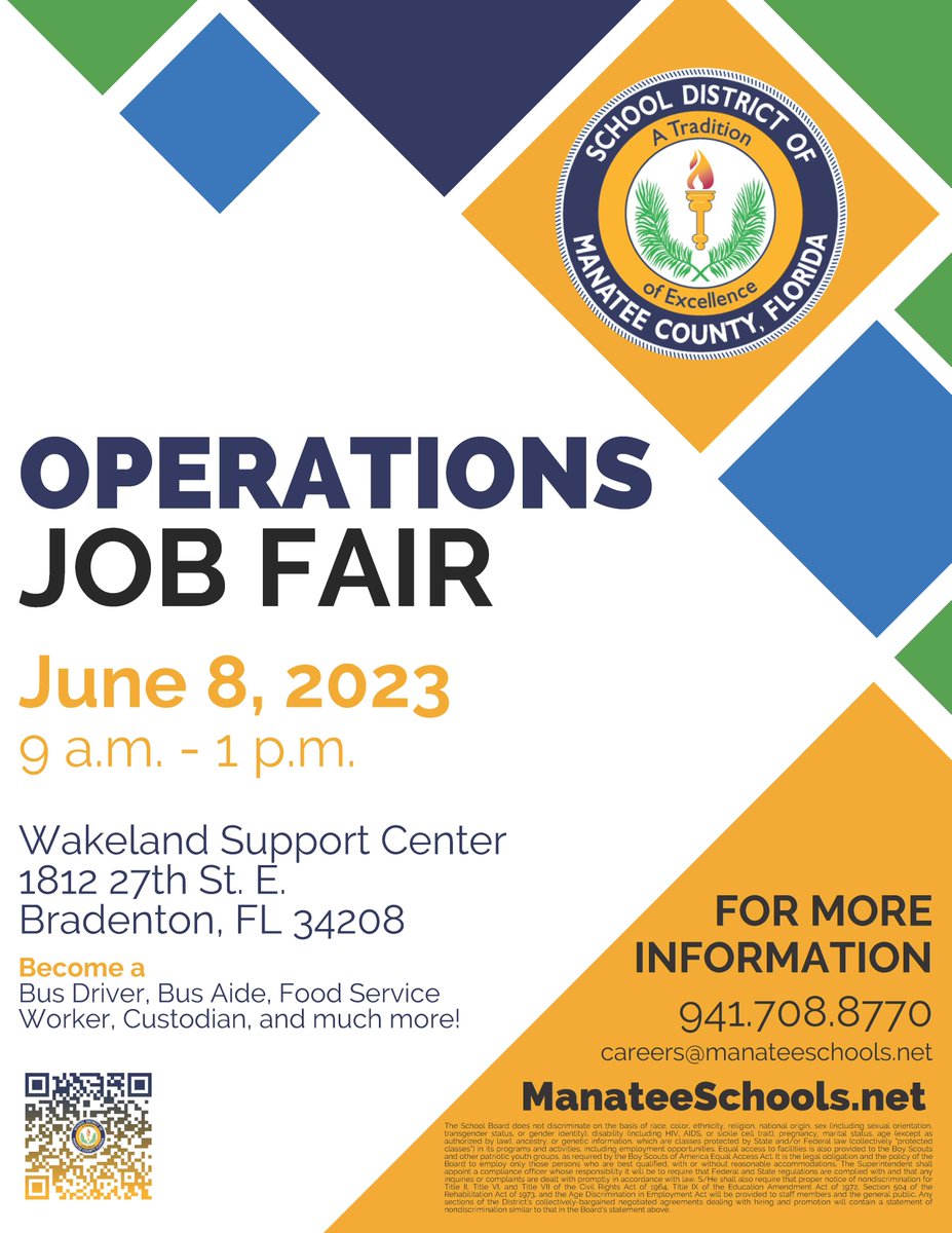 Great careers start here! Now hiring bus drivers, bus aides, food service workers, cafeteria managers and custodians.

*JOIN US TODAY*: Thursday, June 8th from 9 a.m. until 1 p.m. at the Wakeland Support Center, 1812 27th St. E in Bradenton #manateeschoolsgoodnews #nowhiring