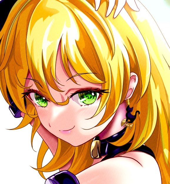 1girl green eyes blonde hair solo earrings jewelry smile  illustration images