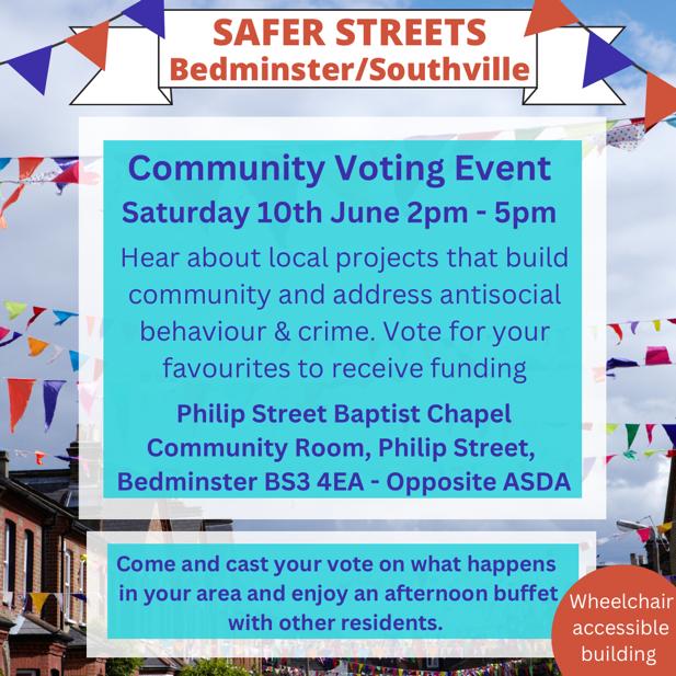 You are invited to an event in Bedminster to vote on projects to receive funding from the Safer Streets Bedminster/Southville grant. This is your opportunity to have your say in what happens locally.
#saferstreets #bedminster