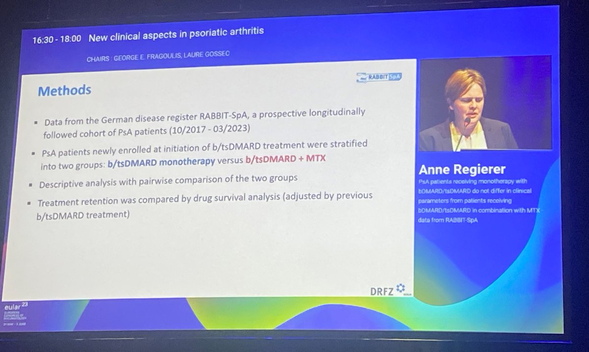 psoriasis_hub's tweet image. CONGRESS #EULAR2023 | @AnneRegierer, @DRFZ_Berlin, discussed changes in clinical parameters in patients who received DMARDS with or without MTX. 901 pts received monotherapy and 403 pts revived combination therapy. Reasons to stop treatment were similar between the groups.