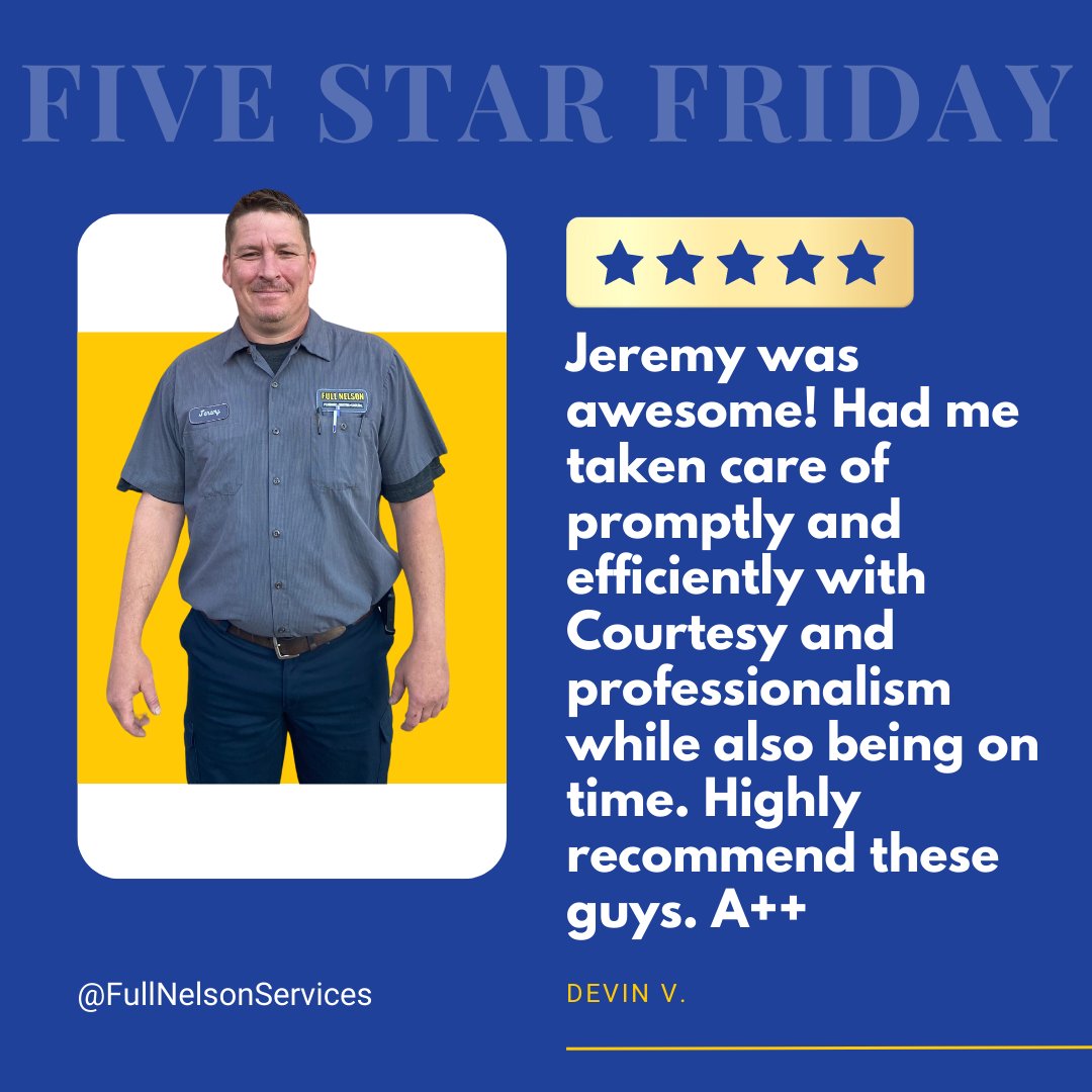 Happy #FiveStarFriday! Our #HVACExperts are never too busy to provide awesome service! Thanks for the review, Devin
#FiveStarService #ACRepair #ACService #ACMaintenance #FullNelsonTeam #HVACService #HVACRepair #ACReplacement #LongLiveYourAC