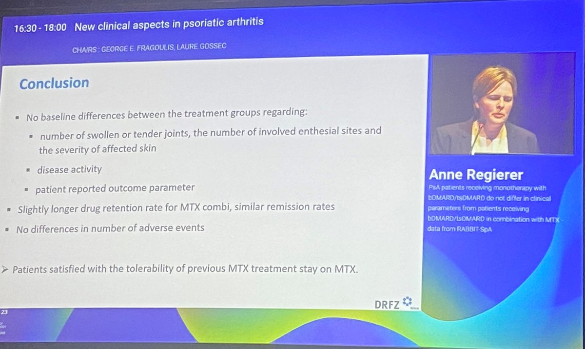 CONGRESS #EULAR2023 | @AnneRegierer, <a href="/DRFZ_Berlin/">DRFZ</a>, discussed changes in clinical parameters in patients who received DMARDS with or without MTX. 901 pts received monotherapy and 403 pts revived combination therapy. Reasons to stop treatment were similar between the groups.