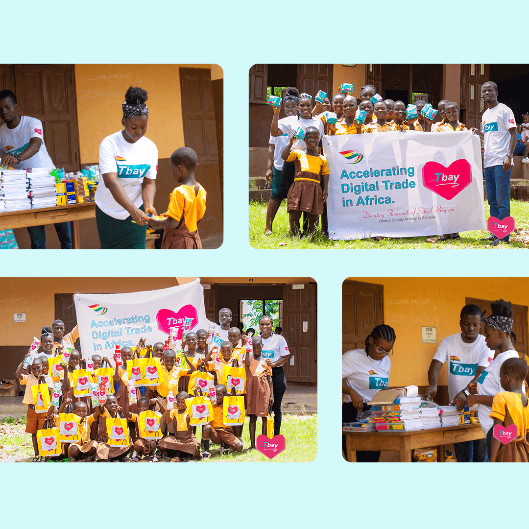 Tbay Charity Event in Ghana May 2023 😍
In May, we added Ghana to our charity map and went to Abutia Ameslanyakofe DA Basic School, where we sent water bottles, football balls, clocks, sanitary pads, exercise books, and stationeries. 

#TbayCharity #Ghana #children #footballgame