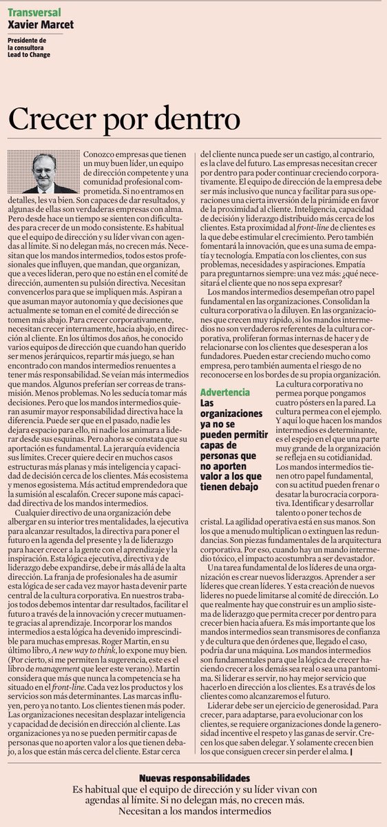 Algunas perlas de <a href="/XavierMarcet/">Xavier Marcet</a> sobre equipos y organizaciones exitosas.

1️⃣ Para crecer se necesita más #ecosistema y menos #egosistema

2️⃣ Crecen los que saben delegar

3️⃣ Y solamente crecen bien los que consiguen crecer sin perder el alma

Hay más 🤔👇🏻