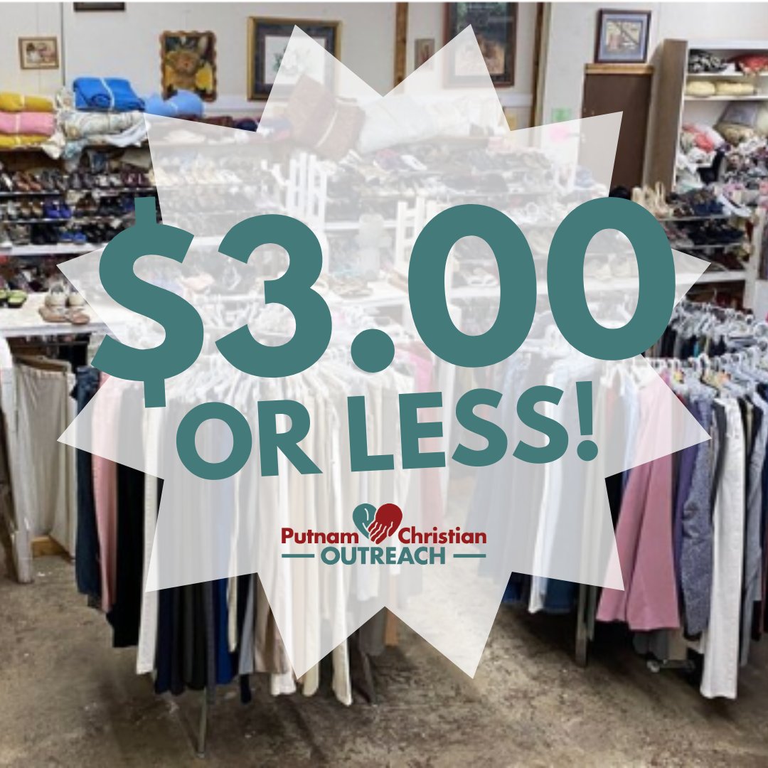 That's right! Come on in and shop NEW & gently used items that are affordable.🛍️  Everything on the bottom floor of the thrift store is $3 or less... EVERYDAY of the week! #PCO 

#PCOCares #ThriftStore #PutnamCounty #Community