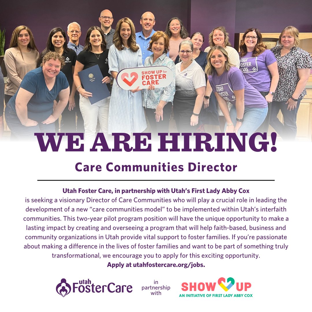 Utah Foster Care, in partnership with Utah’s First Lady Abby Cox is seeking a visionary Director of Care Communities who will play a crucial role in leading the development of a new “care communities model”. Learn more at utahfostercare.org/jobs. @ShowUpUtah #ShowUpUtah #Utah