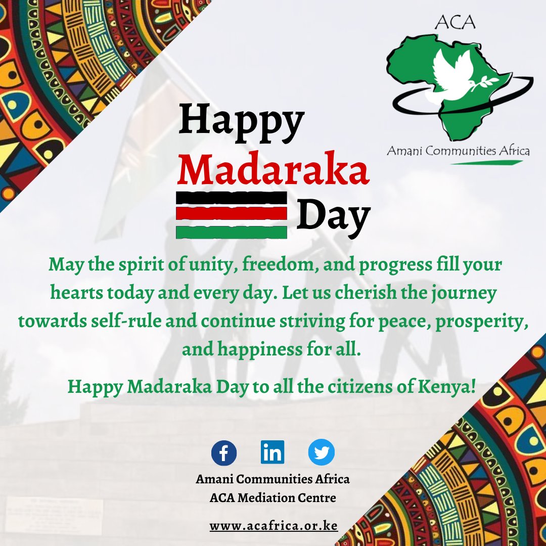 Wishing Every Citizen a Happy Madaraka Day! 

#HappyMadarakaDay #amanicommunitiesafrica #unityindiversity #peacefulprogress #kenyacelebrates #BuildingBridges #HarmonyandHope #TogetherForProsperity #proudlykenyan #embracingFreedom #MadarakaDay2023 #OneNationOneDestiny
