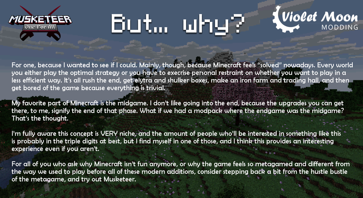 VazkiiMods's tweet photo. Introducing...
⚔ Musketeer - One for All ⚔

ℹ An experimental "vanilla minus" modpack.

🏞️Carefully curated mods and highly configured mods create classic fun, in 1.19.2. Experience the beauty of Minecraft, in a modern version, without the modern metagame.

More below ⬇ https://t.co/R0TLGEe6Ua