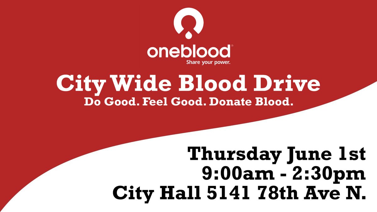 PinellasPark1's tweet image. TOMORROW Thursday, June 1st is the City Blood Drive!! For your convenience the bloodmobile will be at City Hall (5141 78th Ave N.) from 9:00am to 2:30pm and all blood donors will receive a wellness checkup. Do Good. Feel Good. Donate Blood. #savealife #donateblood #bloodislife