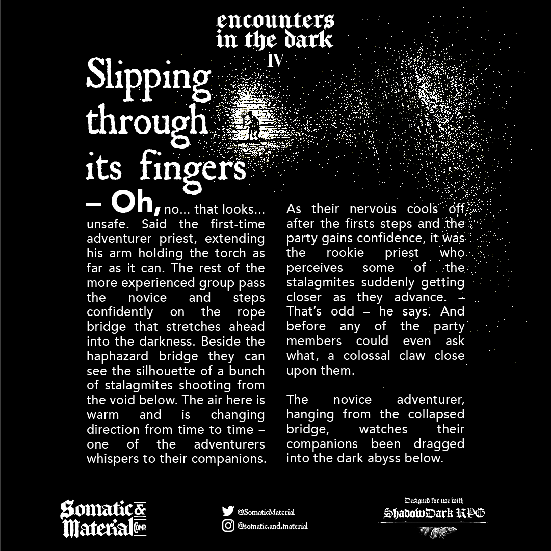 SomaticMaterial's tweet photo. #ShadowdarkRPG Encounters in the Dark IV: Slipping through its fingers.
Text descripstion below ๐
.
#osr #ttrpg #rpg #TTRPGs #ttrpgcommunity #ttrpgfamily #gm #dm #encounters #encounterdesign #rpgdesign https://t.co/RlUk8D4iiG