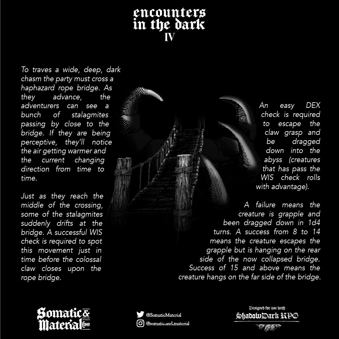 SomaticMaterial's tweet photo. #ShadowdarkRPG Encounters in the Dark IV: Slipping through its fingers.
Text descripstion below ๐
.
#osr #ttrpg #rpg #TTRPGs #ttrpgcommunity #ttrpgfamily #gm #dm #encounters #encounterdesign #rpgdesign https://t.co/RlUk8D4iiG