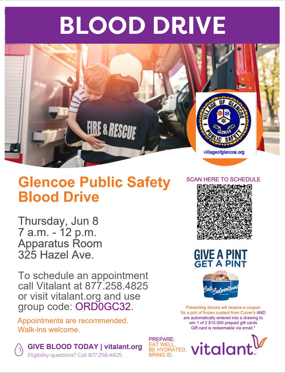 Join Public Safety on Thursday, June 8, 2023, from 7 a.m.-12 p.m. to donate blood! 

To schedule an appointment, scan the QR code, call  Vitalant at (847)-258-4825 or visit vitalant.org and use group code: ORD0GC32.
