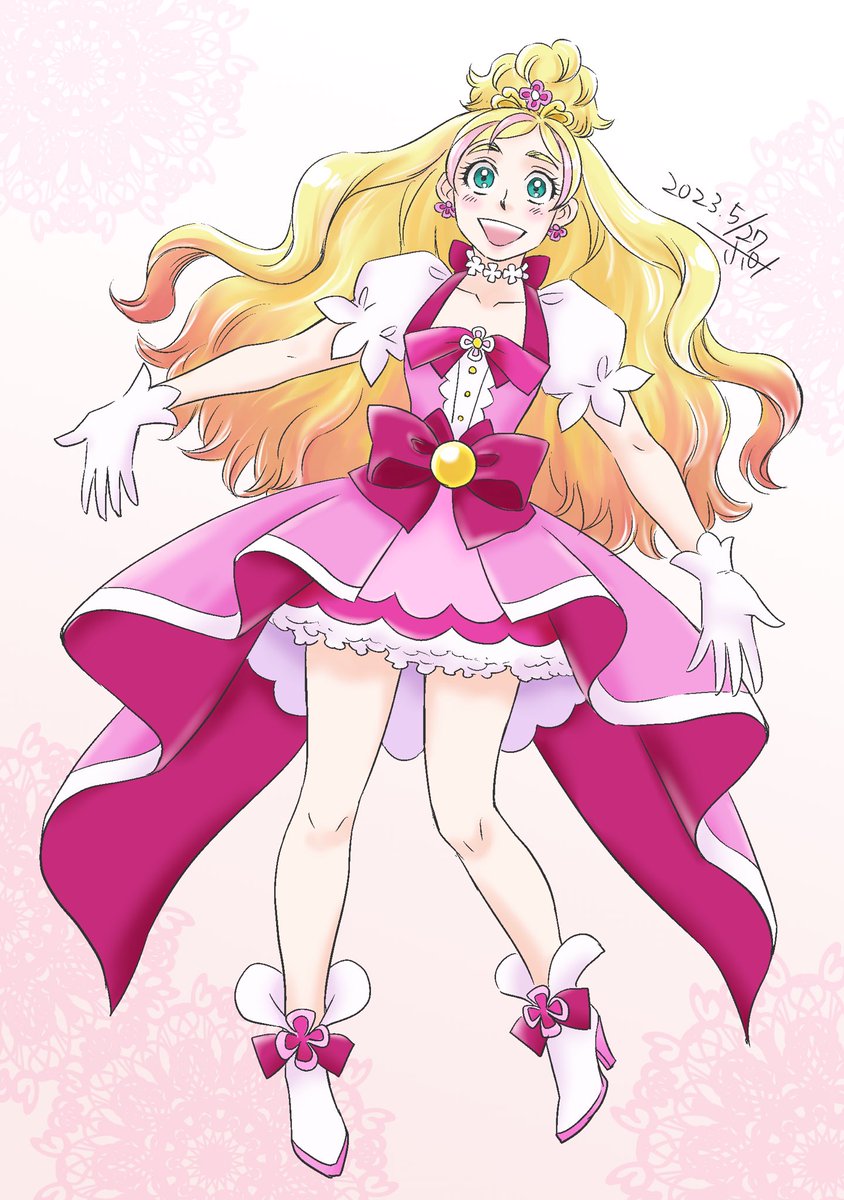 春野はるか 「キュアフローラ。この衣装の可愛さは飛び抜けてると思います。お花リボンヒラヒラ…可」|柳田ポンのイラスト