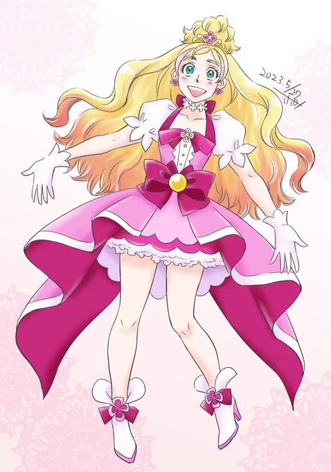キュアフローラ。この衣装の可愛さは飛び抜けてると思います。お花リボンヒラヒラ…可愛い。 #Goプリンセスプリキュア