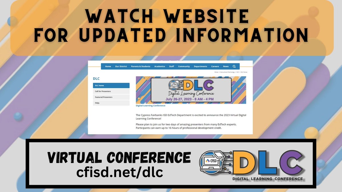 🟣🟪CHECK OUT OUR NEW LOOK‼️‼️🟣🟪 go to cfisd.net/dlc OFTEN 4 the news U can use!
👧Individuals
👨‍👩‍👧‍👦Teams
🏫Campuses

🌐FREE GLOBAL event➡️ANY educator/admin
🗓️7-26/27 8-4 CST

#K12 #Elearning #freePD #STEAM #GsuiteEdu #Edtech #edutech #education4all #lrnchat #education