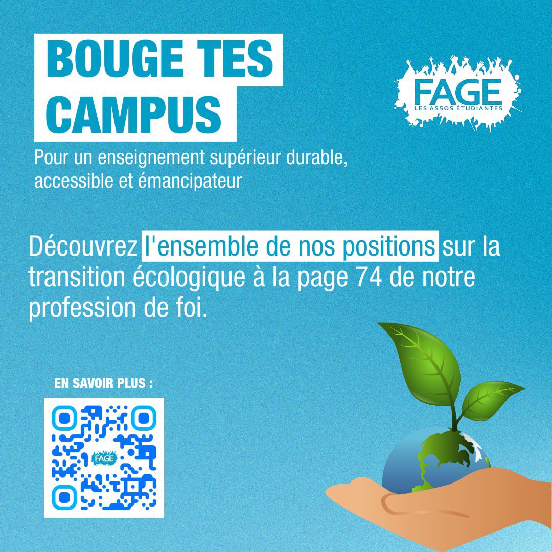 #CNESER | Après avoir obtenue l’intégration de la TE au sein des formations, @La_FAGE souhaite :

🌿La formation de 100 % des étudiantEs
aux enjeux de la transition écologique ;
🌿 Une rénovation massive des bâtiments universitaire ;

Et bien plus ici : linkr.bio/la_fage_cneser