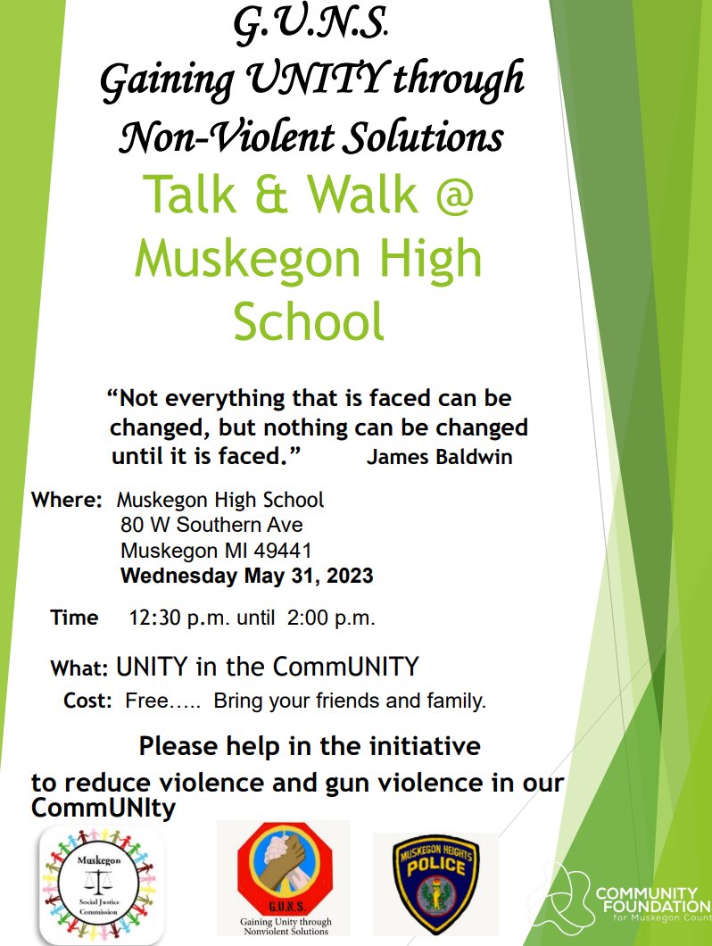 Michigan YVPC (@michiganyvpc) on Twitter photo Reminder! Gaining Unity Through Non-Violent Solutions (G.U.N.S.) is hosting a Walk and Talk today. You can join them at 12 pm at Muskegon High School! This is an opportunity for the community to come together to reduce gun violence. Reminder! Gaining Unity Through Non-Violent Solutions (G.U.N.S.) is hosting a Walk and Talk today. You can join them at 12 pm at Muskegon High School! This is an opportunity for the community to come together to reduce gun violence.