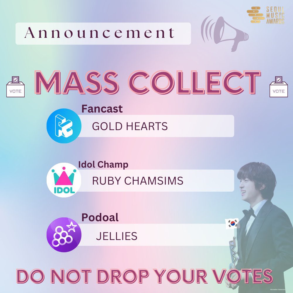 📢 𝗠𝗔𝗦𝗦 𝗖𝗢𝗟𝗟𝗘𝗖𝗧𝗜𝗢𝗡 of votes starts now! We are encouraging everyone to mass collect votes on all three apps for SMA Artist of the Month: ✓ Fancast 💛 ✓ Idol Champ ❤️ ✓ Podoal ⚡ 💌 DM to join the voting team ‼️DO NOT drop any votes until further notice…
