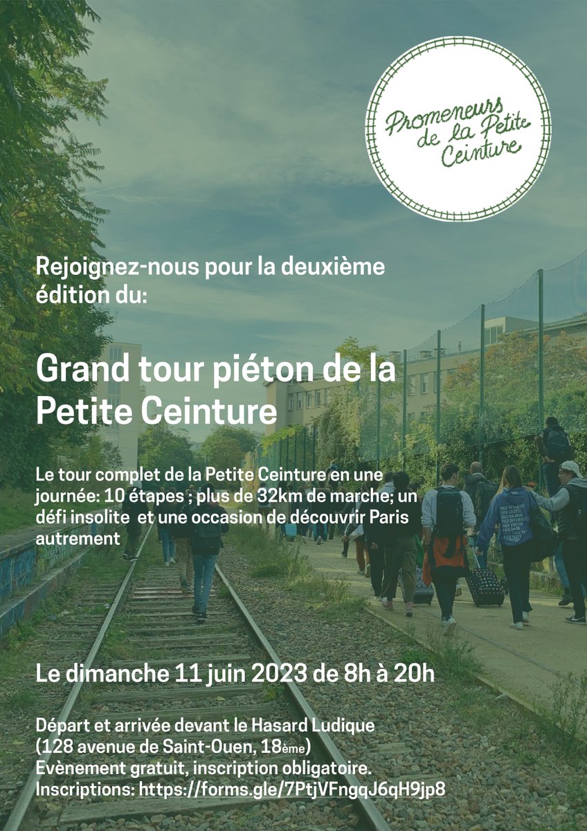 Promeneurs_PC's tweet image. Rejoignez-nous le dimanche 11 juin pour la 2ème édition du Grand tour piéton de la Petite Ceinture! Une journée de marche pour découvrir toutes les facettes de notre chemin vert/ chemin de fer préféré. Évènement (comme toujours!) gratuit, inscriptions ici: forms.gle/NsqXL2f9QGUVgS…