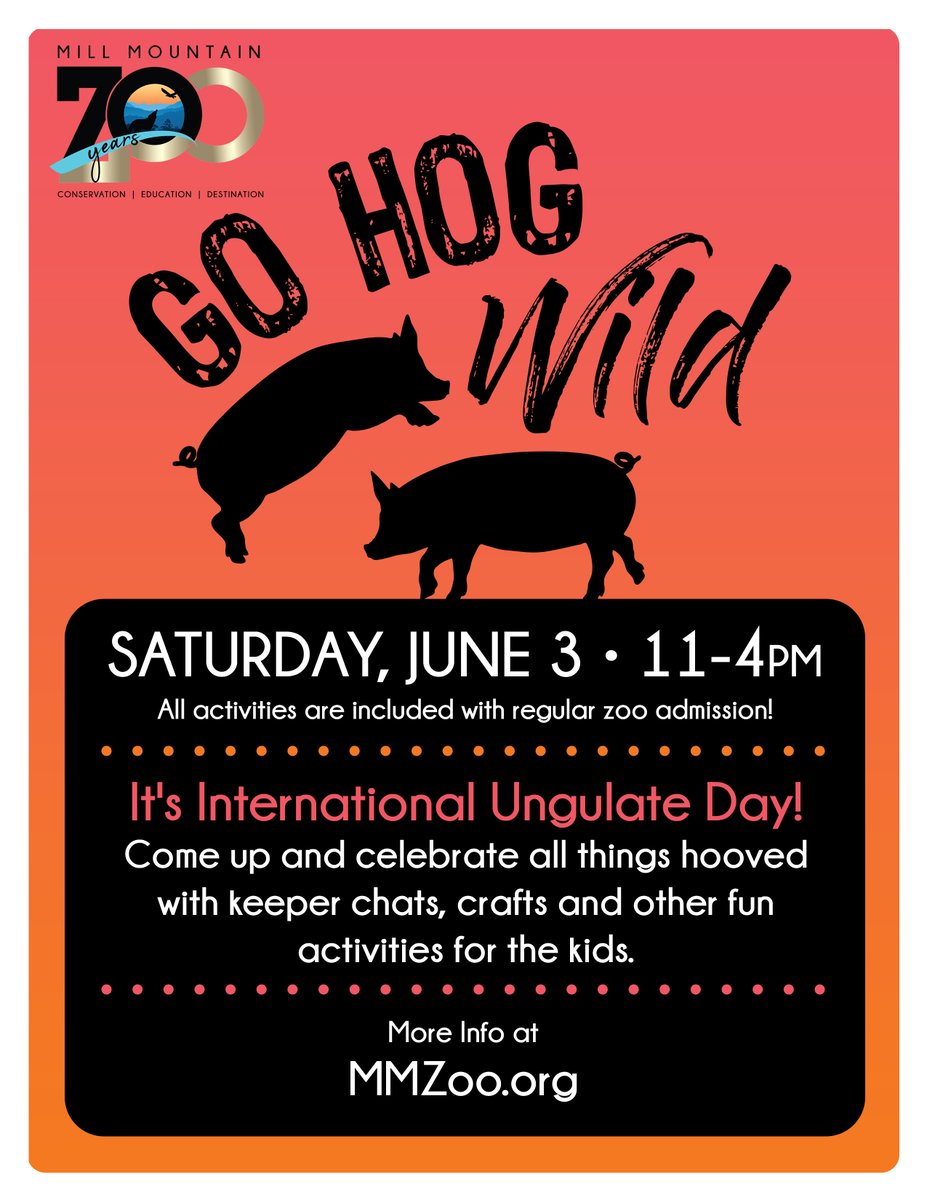 Get ready to GO Hog Wild this #Saturday! #ThingsToDo #gohogwild #familyfun #internationalungulateday #Roanoke #noke #millmountainzoo #mmzoo #MMZ #roanokevirginia #roanokeva