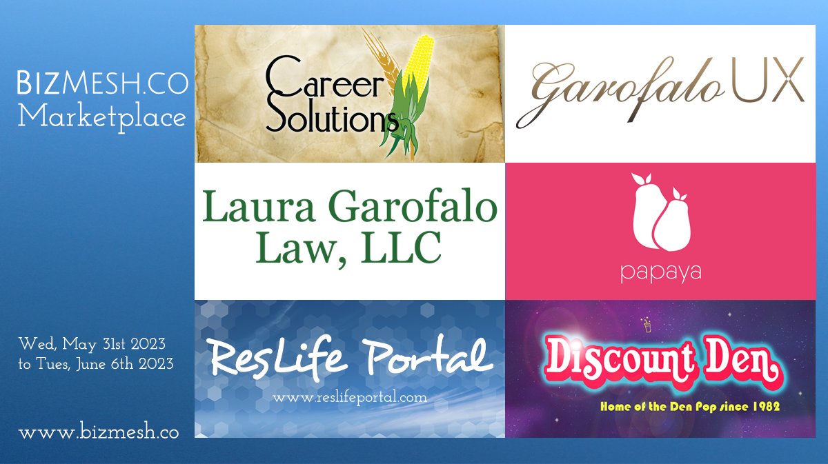 bizmesh's tweet photo. Weekly Marketplace! Check out Career Solutions Co., Garofalo UX, Laura Garofalo Law, Papaya, ResLife Portal, & Discount Den. https://t.co/8H9mdpg7EL #entreprenuer #entreprenuership #smallbiz #smallbusiness #BizMesh #MeshTogether #supportsmallbusinesses https://t.co/Mg5WrO2VHF