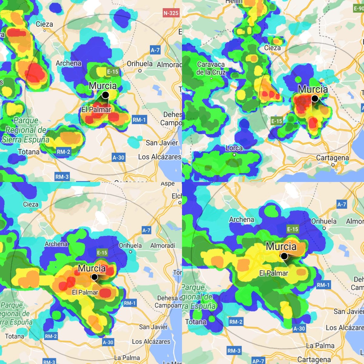 MurciaMet's tweet photo. Pues muy estática la tormenta. Acumulados importantes ya. 27mm por LaAlberca. 31mm por SGines. 43mm por SangoneraV. Petardazos importantes por el centro. Murcia/Malecón achicando aguaaa 😬😬😬 https://t.co/tcuu945vBh