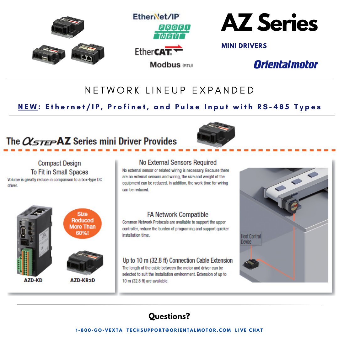 OrientalMotor's tweet image. Check out our new mini-me&apos;s!

We recently expanded our AZ Series mini drivers network lineup to include #EthernetIP, #Profinet, and Pulse input with #RS485 types.  

👉 Use them to save space, reduce weight, or minimize wiring!

hubs.li/Q01QxVLF0