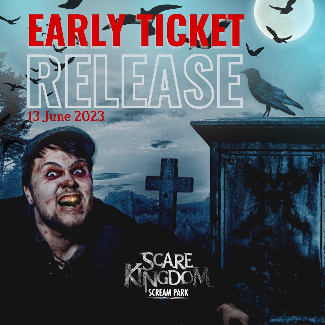 🚨TICKET RELEASE COMING! 🚨 

Scare Kingdom is back! 

We’re releasing details and tickets for our 2023 season on 13 June. 

To celebrate we will be releasing a limited number of tickets at an early bird price 👀 

Have you got the guts??